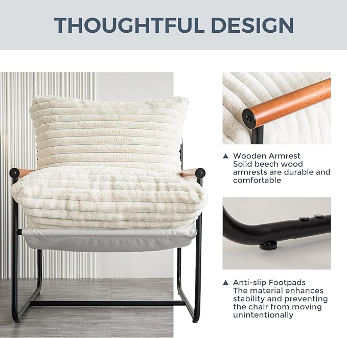 MAXYOYO Accent Chair, Sherpa Arm Chair for Living Room, Mid Century Modern Accent Chairs, Boucle Reading Bedroom Chair, Teddy Armchair, Wooden Arms Metal Frame