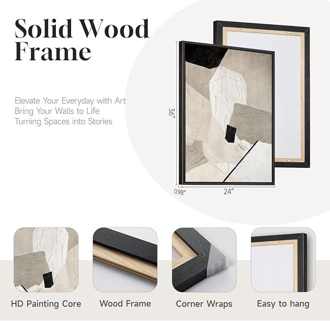 Framed Neutral Beige and Black Abstract Wall Art for Living Room, Set of 2 Modern Minimalist Canvas Artwork for Walls, Large Geometric Pictures Prints for Bedroom Office Hallway Wall Decor, 24x36 Inch