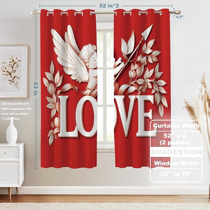 Shrahala Cupid Love Thermal Insulated Blackout Window Curtains, Romantic Love Long Drapes for Bedroom/Living Room with Plastic Grommet, 52X63 Set of 2