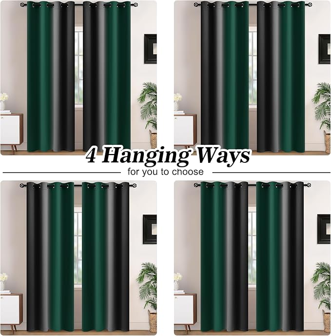 Yakamok Blackout Ombre Dark Green and Black Curtains-Gradient Room Darkening Curtain, Grommet Thermal Insulated Light Blocking Window Drapes Curtain for Living Room Bedroom,52 x 72 Inch,2 Panels