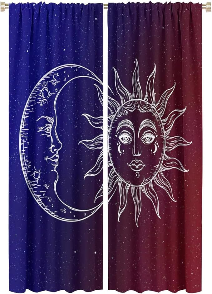 Sun Moon Blackout Windows Curtains, Burning Sun Moon Red Blue Cosmic Galaxy Bohemian Curtains, for Living Room Bedroom 42x63in 2 Panels