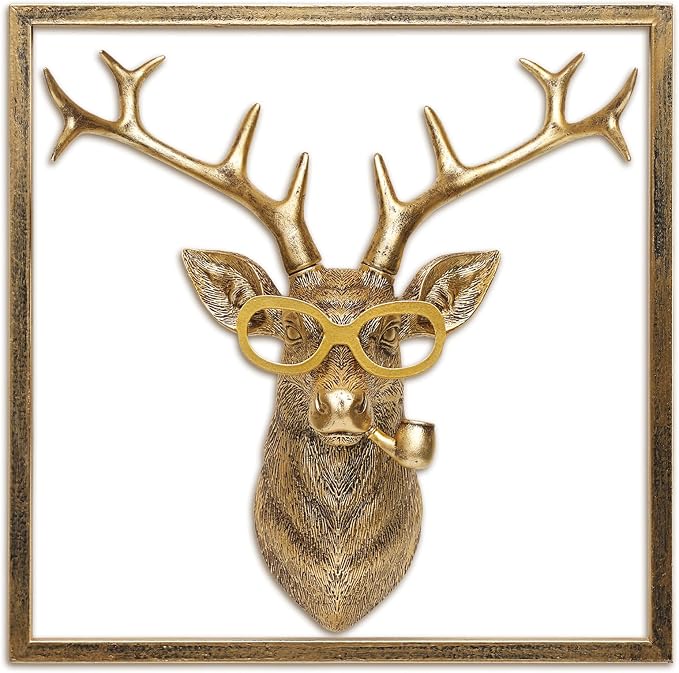 Newinhome Animal Heads Wall Decor (Includes Metal Frame) Resin Animals Sculptures Head Wall Hanging Decoration Gold vintage Wall Sculpture for Living Room Bedroom Office(Deer)