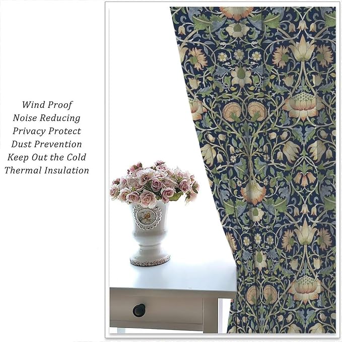 William Morris Blackout Window Curtains, Retro Botanical Vintage Floral Leaves Pattern Print Window Drapes, for Living Room Bedroom 42(W)*84(L) 2 Panels