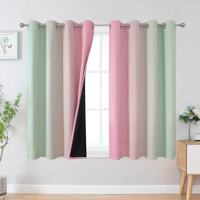 Estelar Textiler Sage and Pink Blackout Curtains 45 Inch Length, Light Blocking Gradient Drapes for Bedroom, Thermal Insulated Grommet Ombre Curtains for Bathroom,52Wx45L,2 Panels