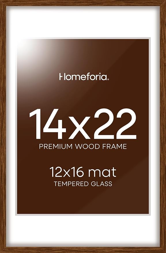 Homeforia 14x22 Picture Frame Brown, High End Dark Oak 14x22 Walnut Wooden Frames with Mat 12x16, 14 x 22 Wood Poster Frame Matted to 12 by 16, 22x14 Hanging Frames, Tempered Glass, Wall Kit, Set of 3
