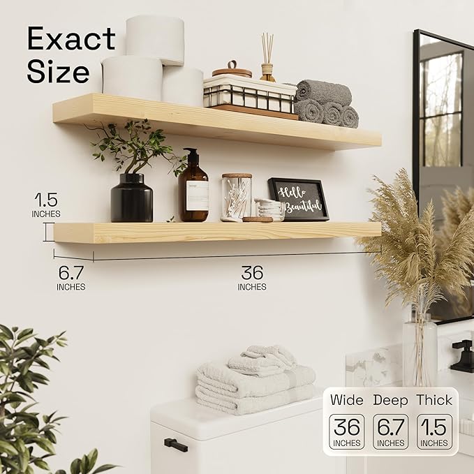 Solid Wood Floating Shelves for Wall 36 inch Long, Natural Wooden Shelf | Real Wood, Large Bathroom Shelf Wall Mounted, 36 inches Long, Bedroom Kitchen, Natural Oak Finish, 36W x 6.7D, Set of 2