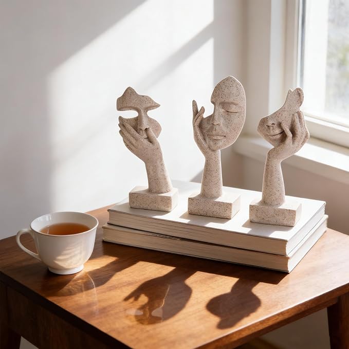 3 Pcs Thinker Statue - Resin Art Abstract Home Accent Figurines for Decor Apartment Bookshelf Floating Shelf Living Room Coffee Table Office Desk Counter Decor (3 Pcs Sandstone, 6")