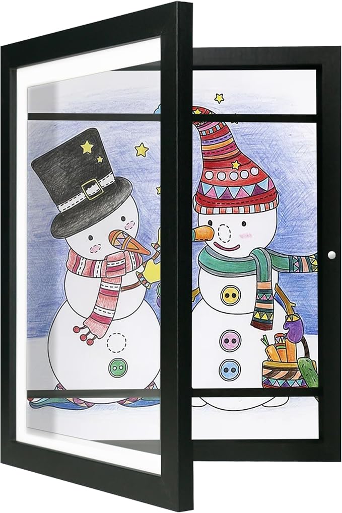 iRahmen Kids Art Frames 10x12.5 - Front Opening Childrens Picture Frame Changeable, Wood Artwork Display Storage for Wall Mount, Magnetic Door Holds 50 Art Pieces for Drawings, 3D Picture, Crafts, Portfolio, Black