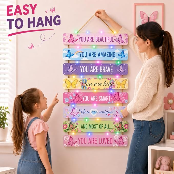 Cute Butterfly Room Decor Set of 8 with Led Light for Teen Girls Kids Toddler, Pink Inspirational Butterfly Wood Nursery Wall Decor for Bedroom, Dreamy Cozy Chic Motivational Princess Room Decor