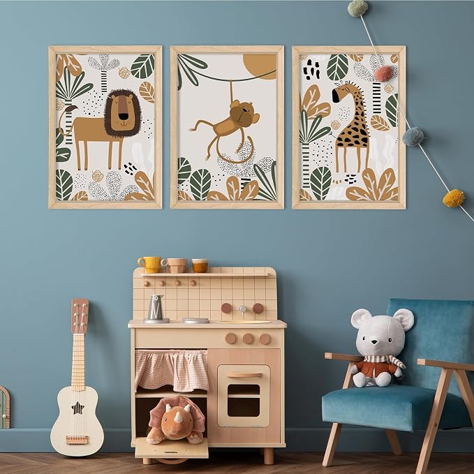 Safari Wall Decor Nursery Art Jungle 16x24 set of 3 Wood Frame for Kids | Animal Cartoon Lion Monkey Giraffe Prints, Baby/Toddler Room, Boho Jungle Theme