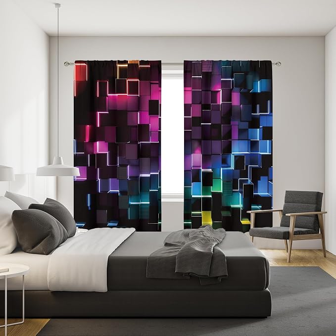 MESHELLY Colorful Curtains 42Wx63H Inch Rod Pocket Abstract 3D Geometric Cubes Gradient Design Geometry Plaid Modern Bedroom Window Drapes Men Boys Gaming Cool Printed Living Room Window Treatment