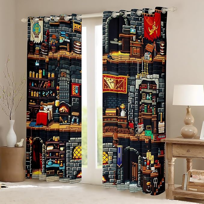 Castle Fairy Building Games Window Curtain,Sandbox Block Pixelated Living Room Decor Curtains for Kids Teens,Miner Style Window Treatment Cartoon Checkered Blackout Drapes 2 Panels,42Wx90L