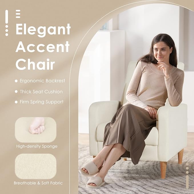 COLAMY Mid-Century Modern Accent Chairs Set of 2, Fabric Upholstered Living Room Chairs with Back Pillow & Solid Wood Legs, Comfy Armchair for Living Room, Bedroom, Beige