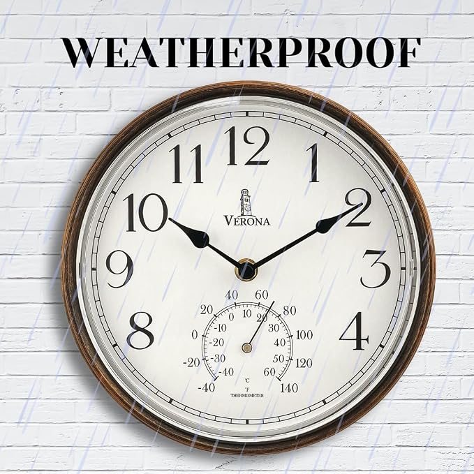 Outdoor Clocks for Patio Waterproof with Thermometer — 9.5 Inch Indoor Outdoor Wall Clock with Temperature Display — Weatherproof, Accurate & Easy to Read for Pool, Garden & Home Decor