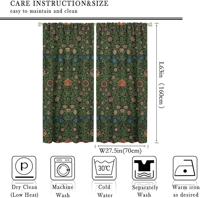 Bohemia Plant Flowers Pattern Blackout Window Curtains, William Morris Art Print Vintage Decor Curtains, for Living Room Bedroom 27.5(W)*63(L) 2 Panels