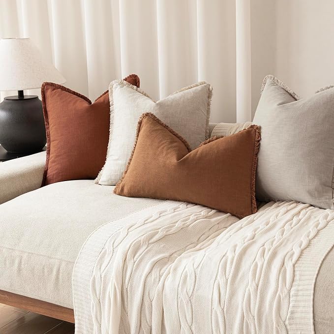 Foindtower Set of 2 Decorative Linen Fringe Throw Pillow Covers Boho Farmhouse Cushion Cover with Tassels Soft Accent Pillowcase for Couch Sofa Bed Living Room Home Decor,20×20 Inch,Orange Brown