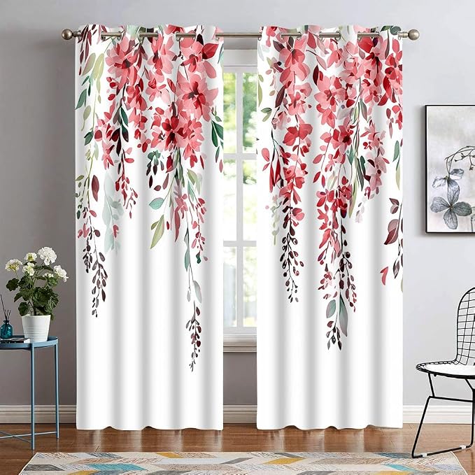 Red Watercolor Floral Curtains, 52x84 inch, 2 Panels | Botanical Leaves Vine Flowers, Rustic Farmhouse, Blackout Window Treatment, For Bedroom Living Room