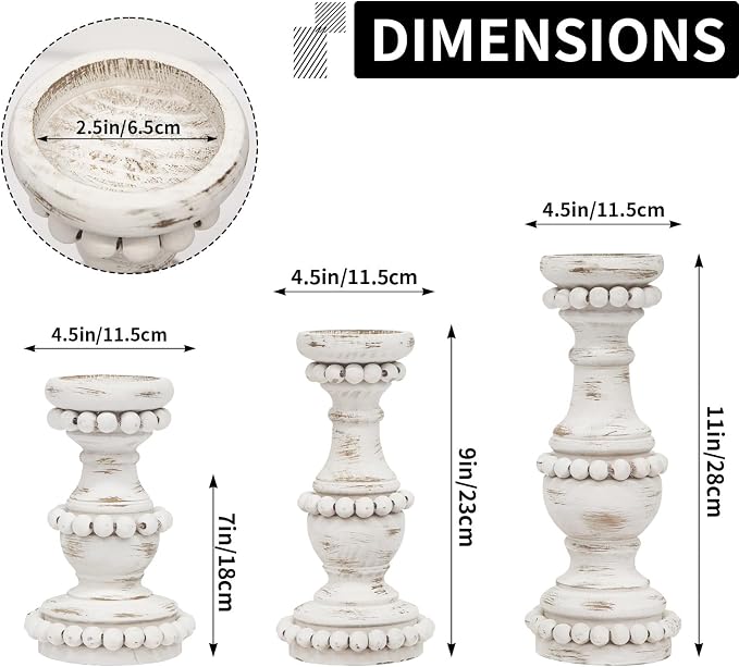 Farmhouse Large Candle Holders for Pillar Candles, Rustic Wooden Beaded Candle Holder, Perfect for Table Centerpieces, Coffee Table or Fireplace Mantel, 3 Piece Set (White)