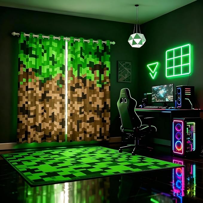 Miners Style Square Grid Window Curtain,Brown Green Pixelated Games Curtains for Kids Boys Teens Men Room Decor,Cartoon Gamepad Modern Window Treatment 100% Blackout Curtain Window Drapes,38Wx45L