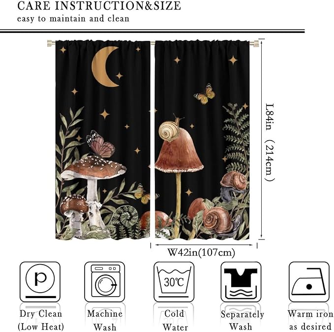 Retro Mushroom Blackout Curtains,Snail Butterfly Window Drapes,Boho Night Plants Leaves Moon Star Botanical for Living Room Kitchen Bedroom,Black Background 84x84in