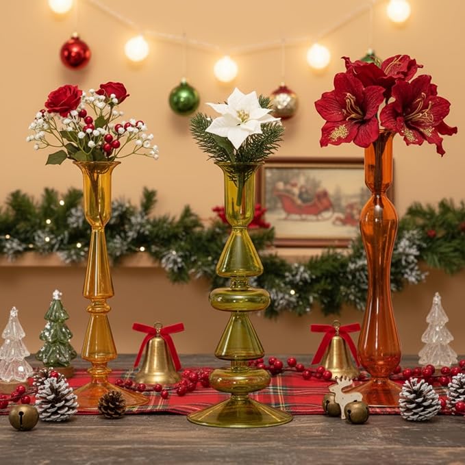 Mumufy 3 Pcs Vintage Christmas Glass Candlestick Holders Neutral Christmas Shaped Glass Taper Candle Holder Amber Olive Honey Gold Xmas Candle Stick Vase Decor for Holiday