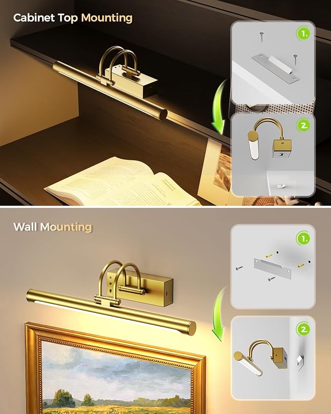 Battery Operated Picture Light with Remote, 15.7″ Wireless Wall Light for Artwork & Frames, Rechargeable LED Gallery Lamp, Dimmable with Timer, Adjustable Metal Design, Electroplated Gold Finish