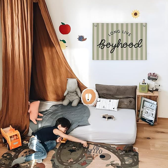 Long Live Boyhood Linen Banner Hanging Vintage Sage Green Stripes Flag Banner for Nursery Playroom Wall Decor for Kids Bedroom Living Room Dorm Toddler Decorations Trendy Room 30x20 boyroom