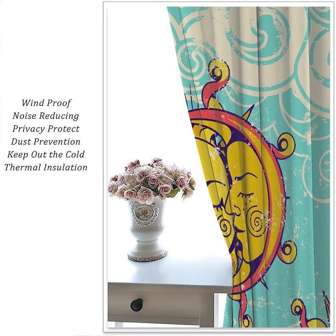 Retro Bohemian Sun Moon Blackout Curtains, Boho Sun Moon Stars Art Rustic Farmhouse Window Drapes, for Living Room Bedroom 42x54in 2 Panels