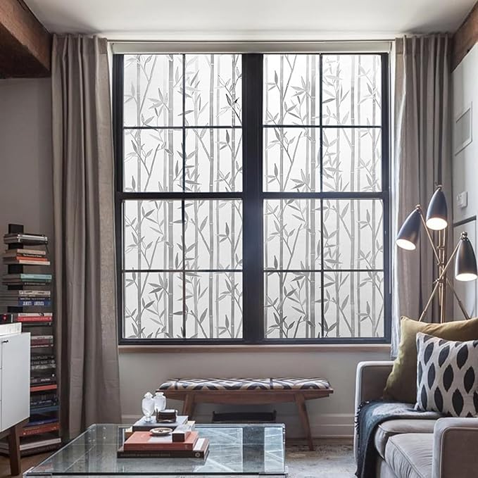 Lemon Cloud Window Privacy Film, Stained Glass Window Film Static Cling, Bamboo Decorative Frosting Opaque Coverings, Day and Night Privacy Removable Sun Heat Blocking for Home Office, 23.6" x 157.4"