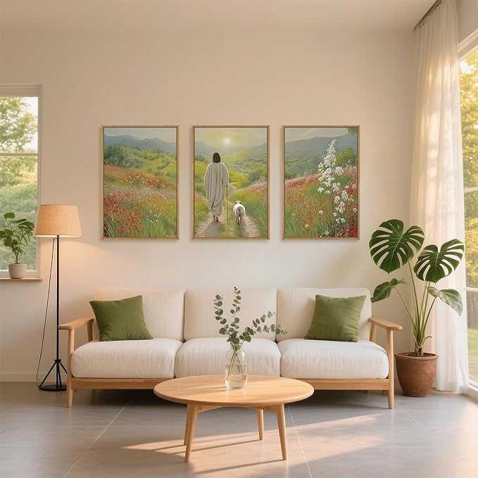 LHIUEM Large Jesus and Lamb Christian Framed Canvas Wall Art,Leaves The 99 Sheep Wall Decor,Mountain Sunset Flower Bible Artwork for Living Room,Bedroom,Dining Room,Office -24''x36''x3