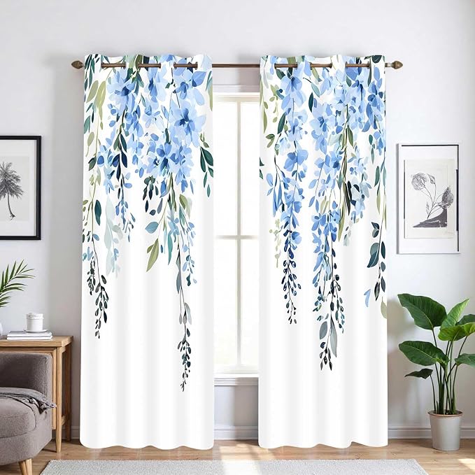 Blue Watercolor Floral Curtains, Botanical Leaves Vine Flowers Curtain, Rustic Farmhouse Flower Leaf Blackout Window Treatment Drapes for Bedroom Living Room 52x96 inch, 2 Panels