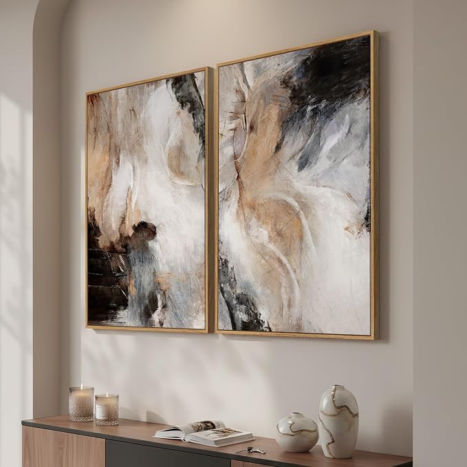 Large Framed Neutral Abstract Wall Art for Living Room, Set of 2 Brown Gray Black Modern Canvas Artwork for Walls, Luxury Watercolor Contemporary Painting Prints Wall Decor Hallway Office, 24x36 Inch