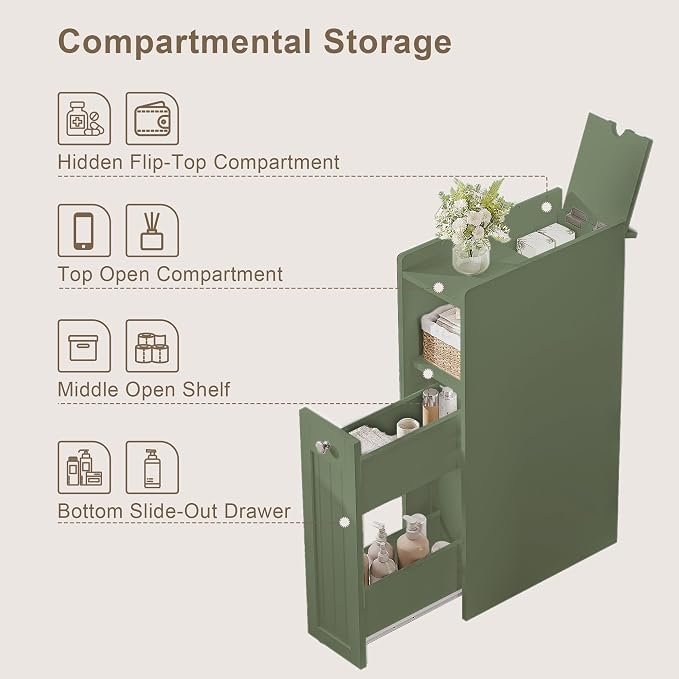 ChooChoo Slim Bathroom Storage Cabinet, Small Narrow Storage Organizer with Slide Out Drawers, Freestanding Toilet Paper Holder, Bathroom Cabinet for Small Places, Green