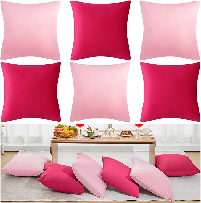 Berlune 6 Pcs Pink Picnic Velvet Throw Pillow Covers 18" x 18" Hot Pink Decorative Cushion Cases Soft Pillowcase Coquette Party Accessories Couch Sofa Bed Picnic Chair Home Decor, No Inserts