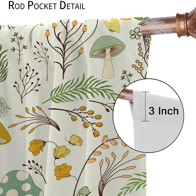 Wild Mushroom Curtains, Vintage Botanical Rustic Retro Wildflower Herbs Plants Green Mushroom Blackout Window Treatments for Living Room Kitchen Bedroom 84x84in