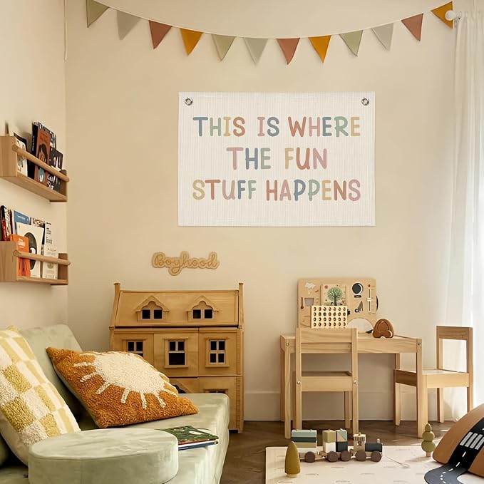 Playroom Wall Decor,Boho Classroom Decorations | Kids Room Decor Banner Wall Hanging Flag,This is Where All The Fun Stuff Happens Banner