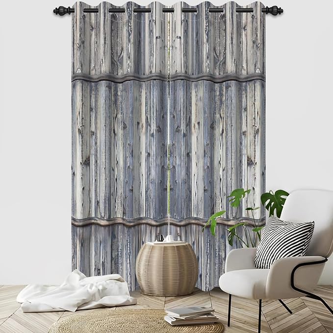 Wooden Barn Doors Kitchen Curtains,Wood Planks Rustic Farm Farmhouse Window Curtains Country Retro Western Vintage Grey Window Curtain Treatments Bedroom Living Room Decor,21x63 inch,2 Panels