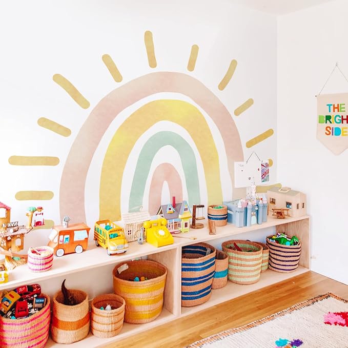 Large Fabric Watercolor Boho Half Sun Wall Decals Peel and Stick, Rainbow Wall Murals Stickers, Pastel Sunrise Wall Art Decor for Kids Room Playroom Nursery Bedroom, 94.49" x 62.60"
