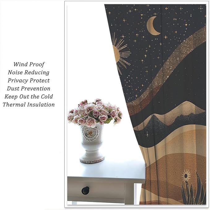 Sun Moon Blackout Curtains, Vintage Country Abstract Mid Century Desert Landscape Window Drapes, for Bedroom Living Room 63" W X 72" L
