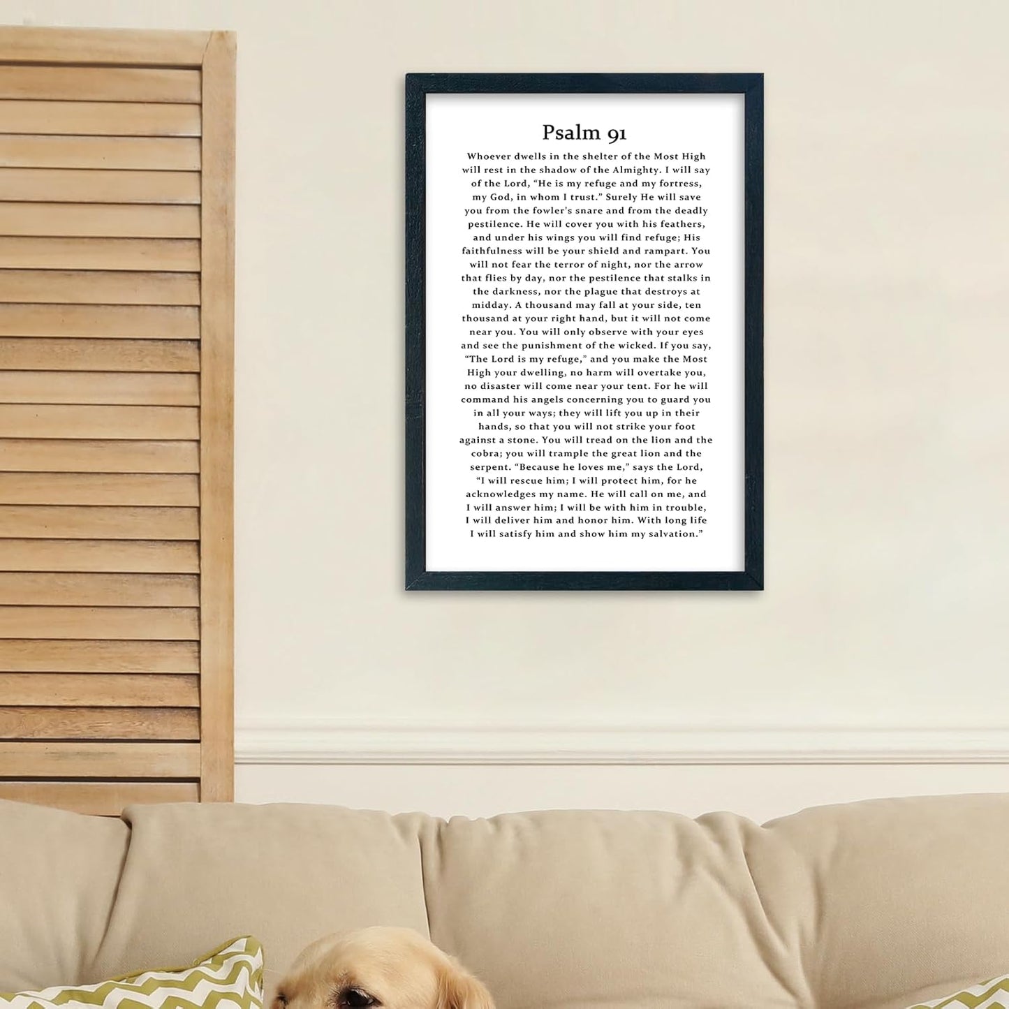 LuZhiQiang Psalm 91 Scripture Wall Art 16"×11" Bible Verse Christian Inspirational Sign Wood Framed Wall Hanging Decor (Black)