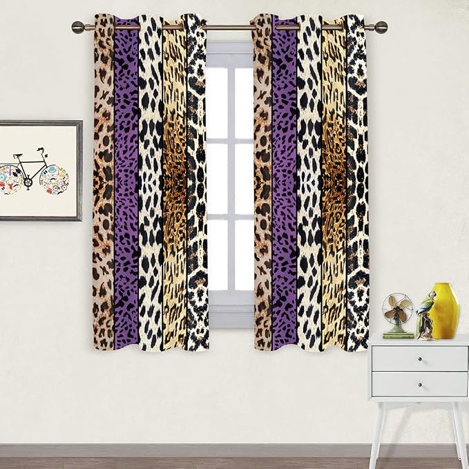 Wild Animal Print Curtain, Room Darkening Thermal Insulated Blackout Leopard Boa Window Drapes with Grommets for Living, Dining, Bedroom, Purple Leopard Print, 42"x 63", 2 Panels