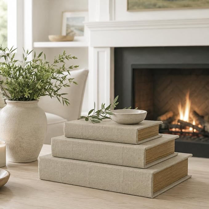 DECOR4SEASON Decorative Book Boxes Set of 3 – Modern Faux Linen & Wood Hidden Storage for Coffee Table – Stackable Fake Books for Shelf Decor, Remote Control & Jewelry Organizer (Warm Taupe)