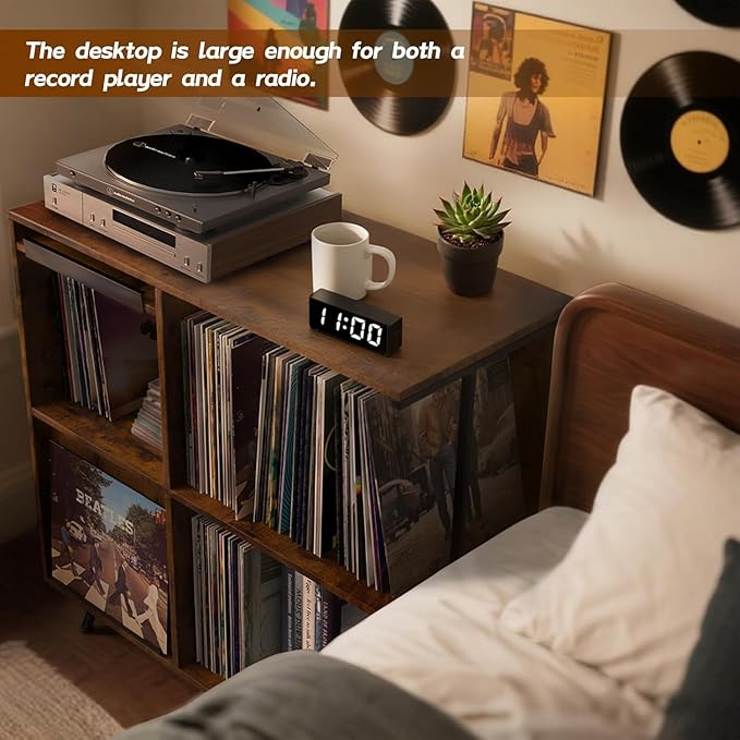 Faesun 3 Tier Flip Top Record Player Stand, Vinyl Record Storage Holds up to 300+ Albums, Large Record Player Cabinet, Vintage Turntable Stand with Vinyl Display, for Living Room Bedroom, Rustic Brown