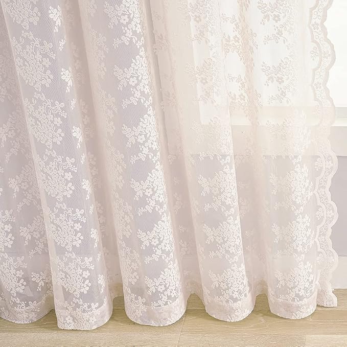 YJ YANJUN Vintage Lace Curtains 63 Inch Length 2 Panels Set Cute Floral Designs Dusty Pink Sheer Curtain Panels for Girls Bedroom with Wavy Edge Rod Pocket, 52 x 63 Inch, Blush Pink
