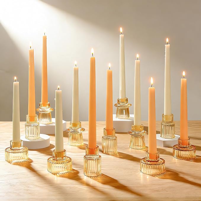 Vintage Ribbed Amber Glass Candle Holders Set of 12, 3 Assorted Sizes for Pillar, Tealight & Votive Holders, Elegant Glass Candlestick Holders for Table Centerpiece Wedding Christmas Decor