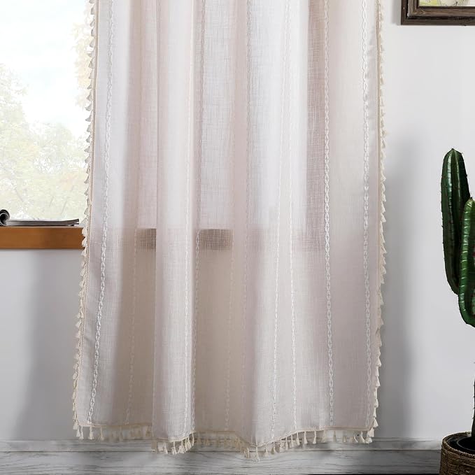 RoomTalks Boho Curtains for Bedroom Living Room 72 Inch Length Freanch Country Modern Farmhouse Window Curtain Panels Embroidery Striped Bohemian Tassel Draperies (72’’L x 52’’W, Beige)