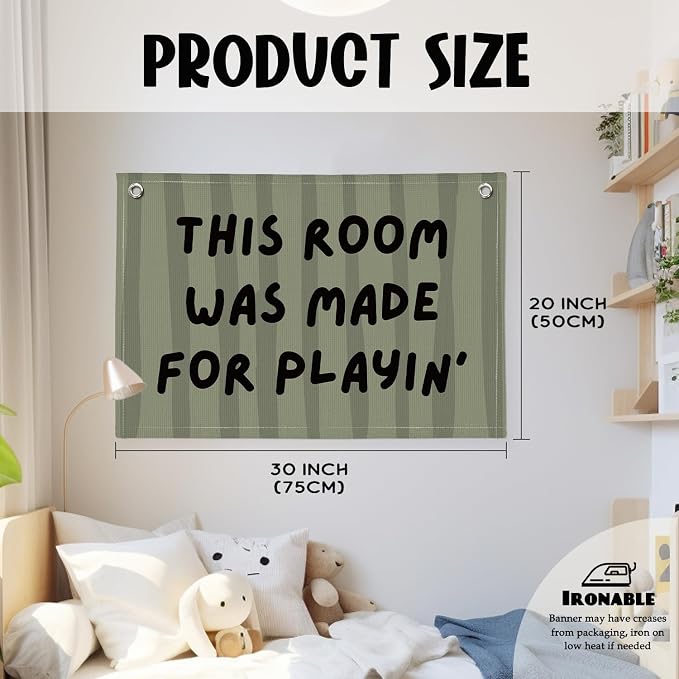 Playroom Decor Wall Banner "This Room Was Made For Playin'" 20x30 Inch - Nursery Canvas Art, Kids Bedroom Hanging, Linen Toddler Play Area Sign, Children's Canvas Flag Decor - Green