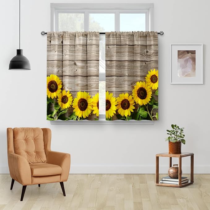 Aimego Wooden Barn Door Kitchen Curtains - Sunflower Rustic Country Wood Vintage Floral Short Cafe Tier Decor Farmhouse Retro Rod Pocket Window Drapes RV 2 Panel Set, 28"x30"
