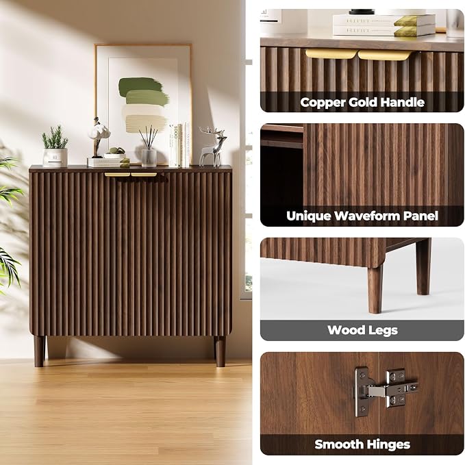 Sideboard Buffet Storage Cabinet - Wood Cabinets with Adjustable Shelves Fluted Doors, Anti-Tip Console Table for Kitchen Dining Living Room or Entryway Hallway, Easy Assembly, Walnut