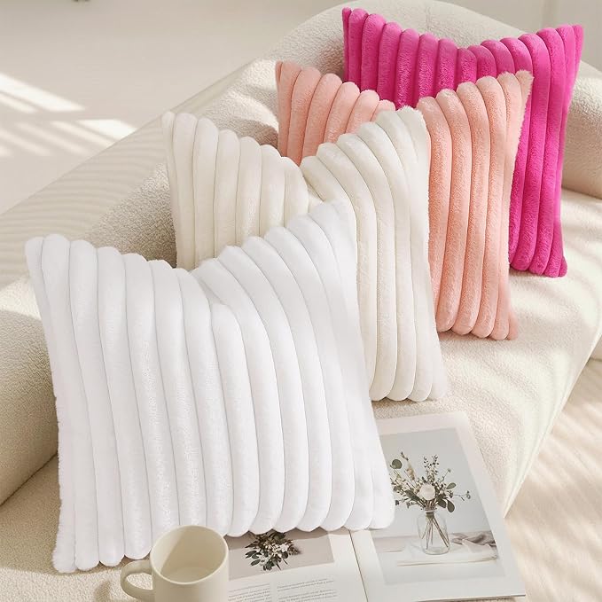 decorUhome Fall Cozy Faux Fur Throw Pillow Covers 24x24 Set of 2 Decorative Soft Plush Striped Modern Farmhouse Boho Couch Euro Sham Pillow Cases with Velvet Back for Sofa Bed Living Room, Hot Pink